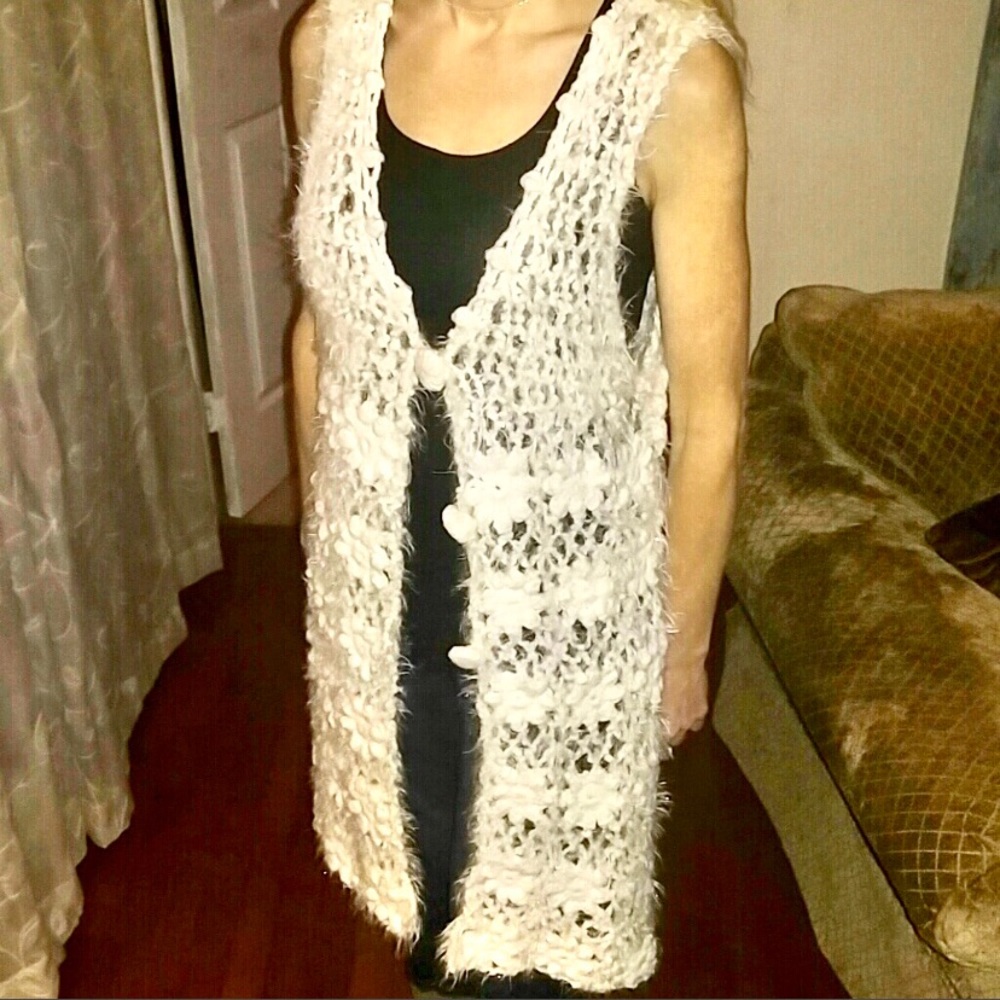Beautiful Hand Crocheted Long Cream Sweater Vest